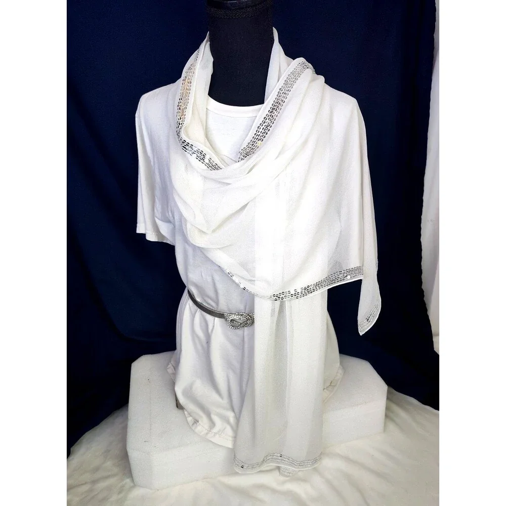 Women's Beaded Evening Trim Chiffon Lightweight Scarf Wrap White Sheer  75